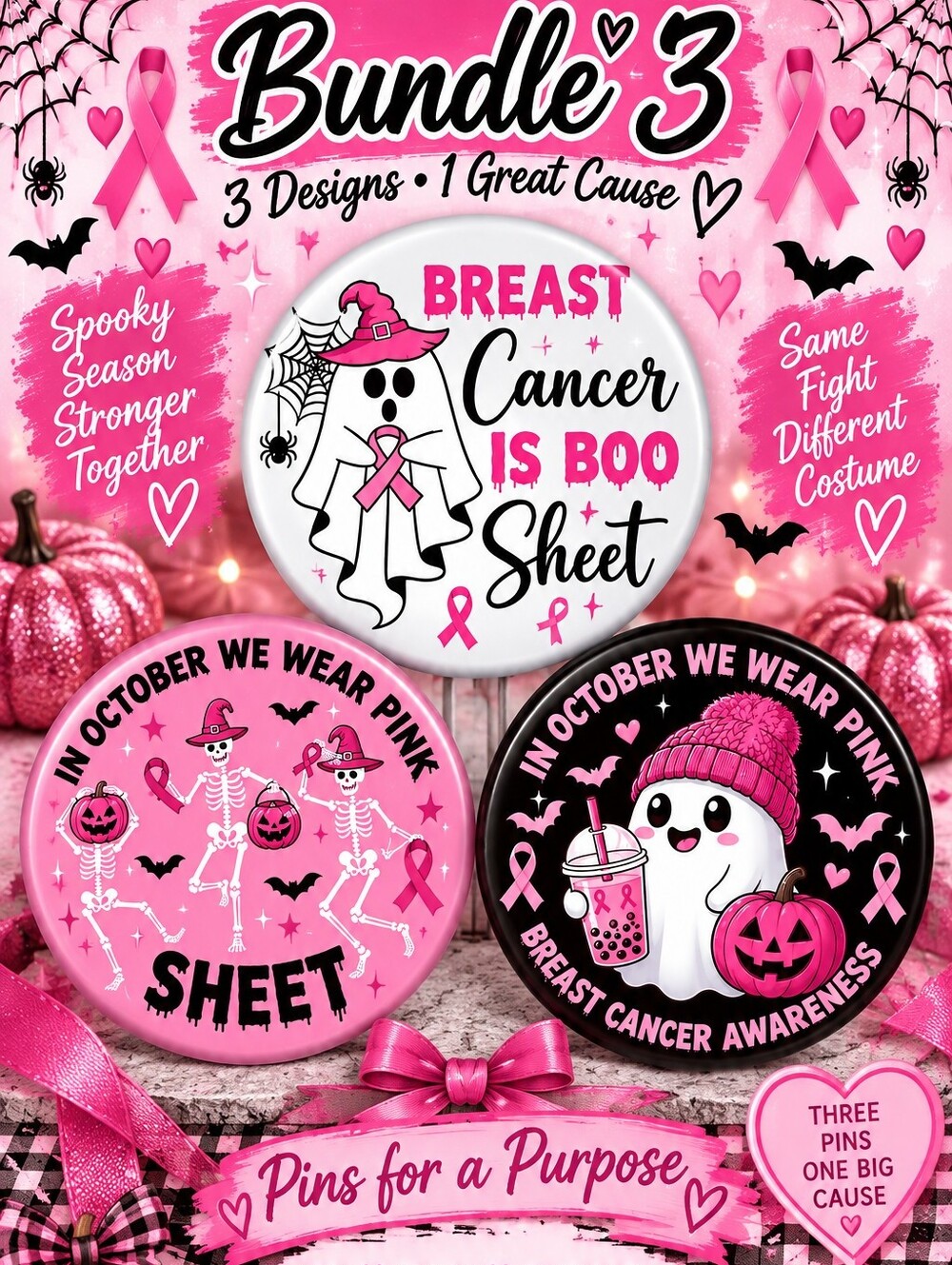 Breast Cancer Awareness Halloween Pin Bundle - Pink Ghost & Skeleton Designs